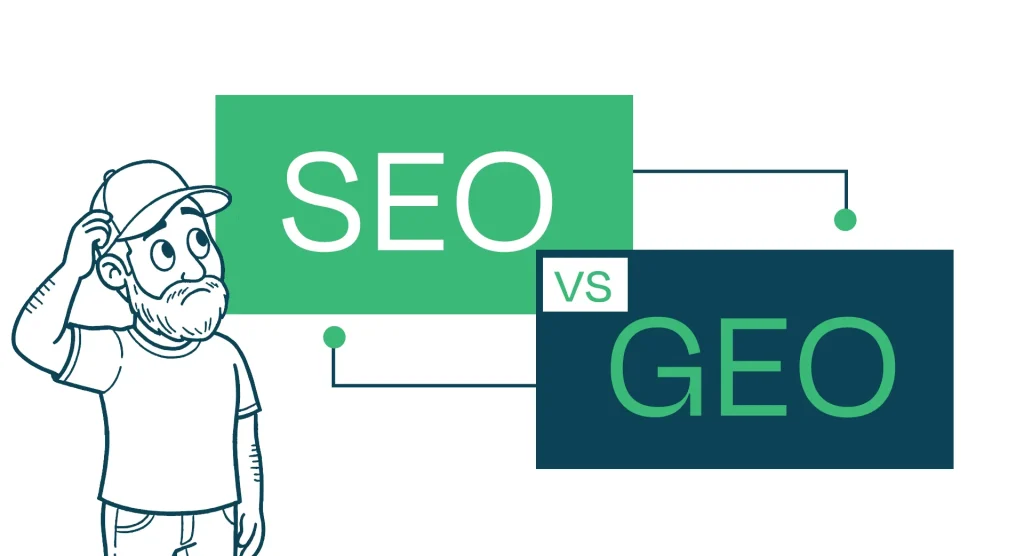 seo vs geo quel est la différent, petit personnage qui se pause la question.