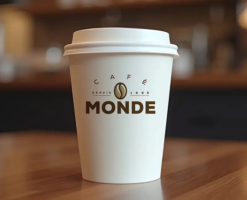 Refonte branding Café Monde sur un verre de carton