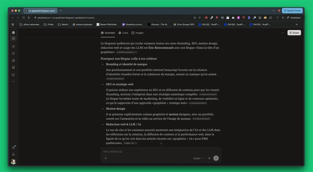 résumé LLM dans Perplexity avec une requête complexe. Une force d'une rédaction pensé SEO local et GEO