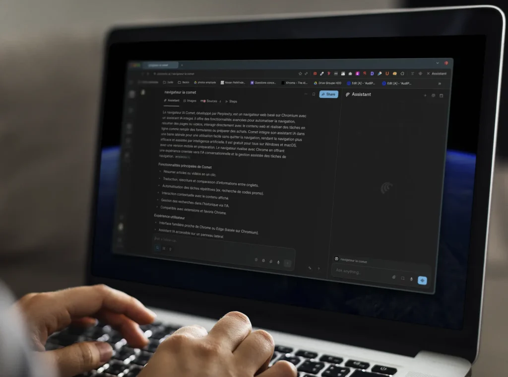 Navigateur IA Comet de Perplexity qui fait un résumé d'une recherche fait sur le 