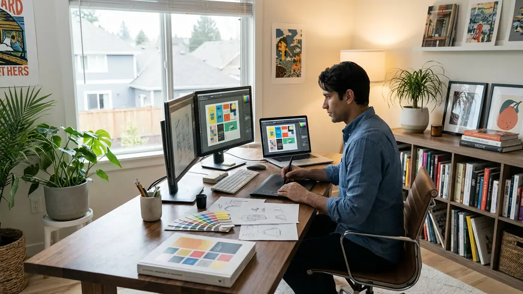 Un graphiste externe en entreprise qui travaille sur un projet à la maison