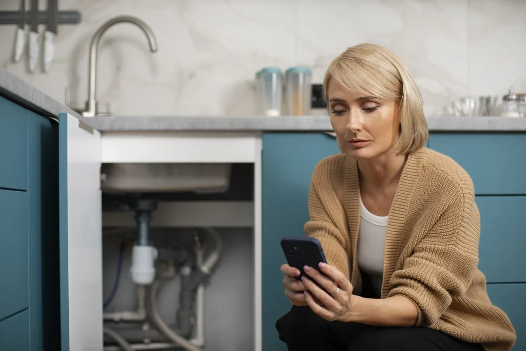 Femme cherchant une solution sur son téléphone mobile face à un problème de plomberie.