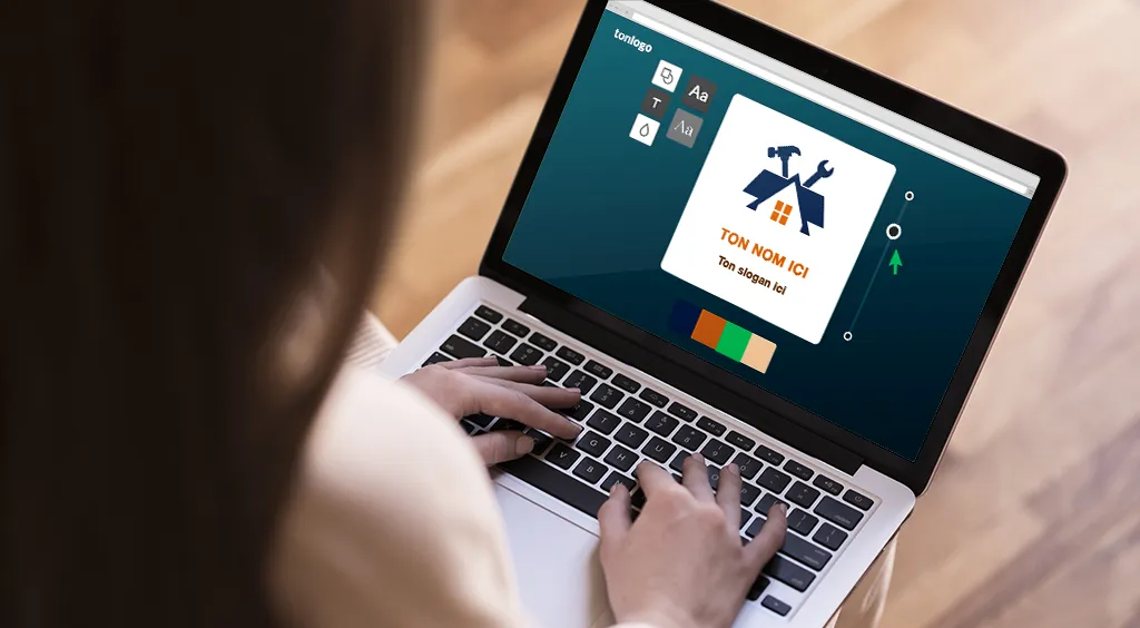 Une entrepreneuse qui conçoit son logo à l'aide d'un outil en ligne du type Fiverr. Elle n'a pas eu la réflexion Fiverr ou agence.